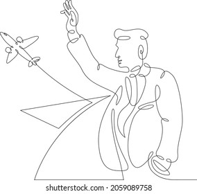 One Continuous Line.A Man Sees Off An Airplane Taking Off. Seeing Off At The Airport. One Continuous Drawing Line Logo Isolated Minimal Illustration.