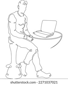 One continuous line.A man sits behind an open laptop. Computer work. The young man communicates on the network. Man with a laptop.  One continuous line drawn isolated, white background.