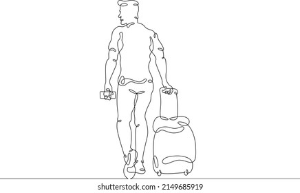 One continuous line.A tourist with luggage is waiting for transport. Traveler with backpack and suitcase on vacation. Traveling man with luggage.One continuous line drawn isolated, white background.