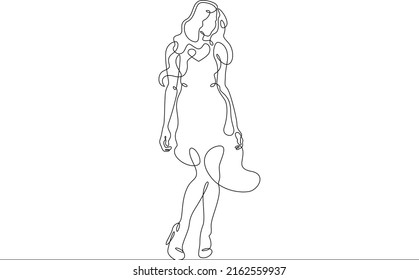 One Continuous Line.A Woman In A Beautiful Dress. Women's Fancy Dress. Female Character In A Holiday Dress. Long Pretty Hair. Portrait Of A Young Woman.One Continuous Line Is Drawn On White Background