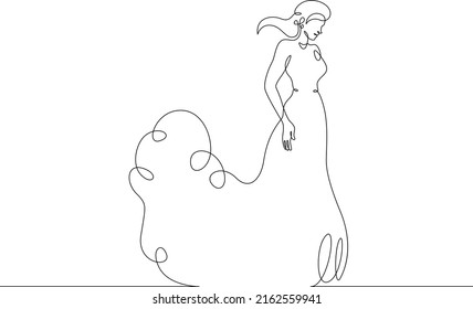 One Continuous Line.A Woman In A Beautiful Dress. Women's Fancy Dress. Female Character In A Holiday Dress. Long Pretty Hair. Portrait Of A Young Woman.One Continuous Line Is Drawn On White Background