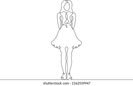 One Continuous Line.A Woman In A Beautiful Dress. Women's Fancy Dress. Female Character In A Holiday Dress. Long Pretty Hair. Portrait Of A Young Woman.One Continuous Line Is Drawn On White Background