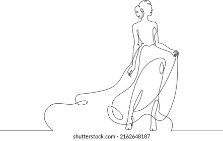 One Continuous Line.A Woman In A Beautiful Dress.Women's Fancy Dress. Female Character In A Holiday Dress. Long Pretty Hair.Portrait Of A Young Woman.One Continuous Line Is Drawn On A White Background