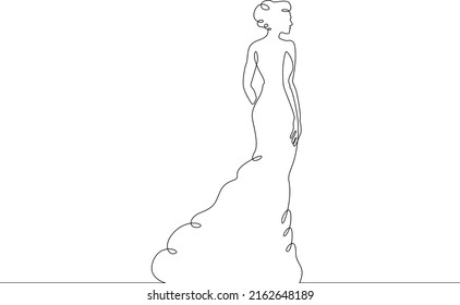 One Continuous Line.A Woman In A Beautiful Dress.Women's Fancy Dress. Female Character In A Holiday Dress. Long Pretty Hair.Portrait Of A Young Woman.One Continuous Line Is Drawn On A White Background