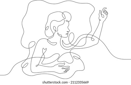 One continuous line.A woman sleeps under a blanket. The girl fell asleep on the pillow. Female character is napping in bed.Continuous line drawing.Lineart isolated white background.