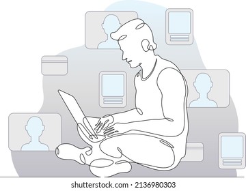 Una línea continua. Un joven con una laptop en sus manos. Un hombre está sentado con una computadora. Trabajar en Internet. Comunicación en las redes sociales. Dibujo continuo de líneas de fondo blanco aislado.