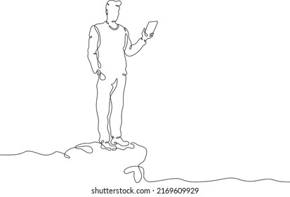 One continuous line.A young man determines the location using a mobile phone. Geolocation using mobile communications.Man with phone.One continuous line is drawn on a white background.