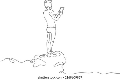 One continuous line.A young man determines the location using a mobile phone. Geolocation using mobile communications.Man with phone.One continuous line is drawn on a white background.