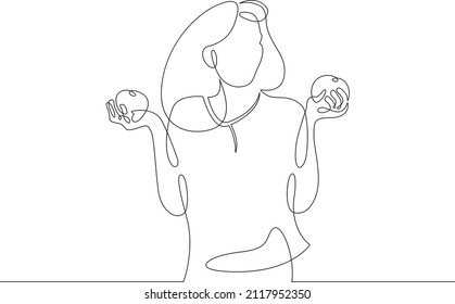 One continuous line.A young woman compares fruits. Choice of food product. The buyer makes a purchase. Continuous line drawing.Line Art isolated white background.