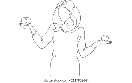 One continuous line.A young woman compares fruits. Choice of food product. The buyer makes a purchase. Continuous line drawing.Line Art isolated white background.
