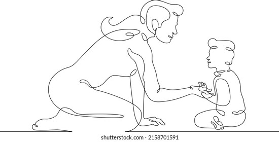One continuous line.A young woman communicates with a child. Mother with a baby. Child games with parent. Kids games.One continuous line drawn isolated, white background.