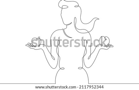 One continuous line.A young woman compares fruits. Choice of food product. The buyer makes a purchase. Continuous line drawing.Line Art isolated white background.