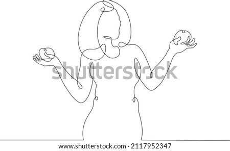 One continuous line.A young woman compares fruits. Choice of food product. The buyer makes a purchase. Continuous line drawing.Line Art isolated white background.