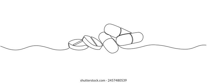 One continuous linear drawing of a scattering of tablets and capsules. Pharmaceutical drugs, medicines, vitamins, antibiotics in a simple linear style.