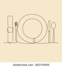 Un plato lineal continuo, alto y tenedor. Ilustración vectorial.