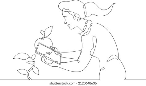 One continuous line.Augmented reality. Agronomist bioengineer using a tablet examines a plant. AR recognition and object scanning. Continuous line drawing.Line Art isolated white background.