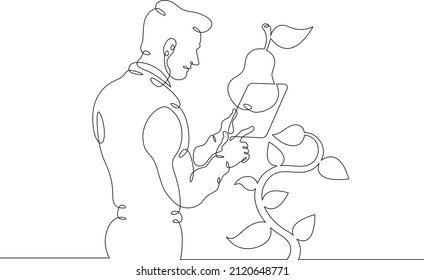 Una línea continua. Realidad aumentada. El bioingeniero agrónomo con una tableta examina una planta. Reconocimiento AR y exploración de objetos. Dibujo continuo de líneas.Fondo blanco aislado de líneas de arte.