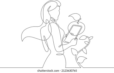 One continuous line.Augmented reality. Agronomist bioengineer using a tablet examines a plant. AR recognition and object scanning. Continuous line drawing.Line Art isolated white background.