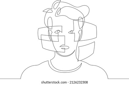 One continuous line.Augmented reality.Many screens in front of the user.Multiwindows of the virtual application.Virtual Reality.Continuous line drawing.Line Art isolated white background.