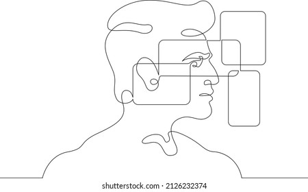One continuous line.Augmented reality.Many screens in front of the user.Multiwindows of the virtual application.Virtual Reality.Continuous line drawing.Line Art isolated white background.