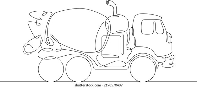 One continuous line.Automotive Concrete Mixer. Concrete truck. Concrete carrier.Construction equipment . Special machines. Construction machinery.One continuous line is drawn on a white background.