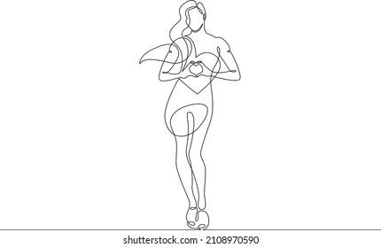 One continuous line.Beautiful woman holding a heart in her hands.Valentine's Day. Girl with a heart symbol of love. Continuous line drawing.Lineart isolated white background.