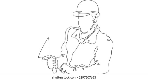 One continuous line.Bricklayer at a construction site. Home construction.Builder with a tool in his hands.Laying the wall. Construction worker.One continuous line is drawn on a white background.