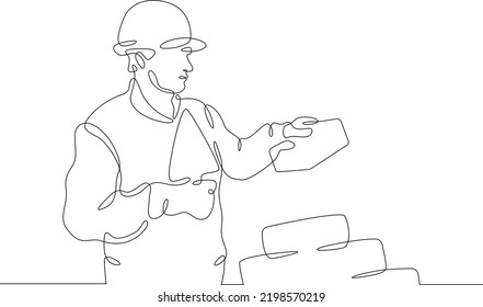 One continuous line.Bricklayer at a construction site. Home construction.Builder with a tool in his hands.Laying the wall. Construction worker.One continuous line is drawn on a white background.