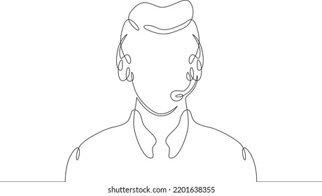 One continuous line.Call centre.Male call center operator. Handling calls and messages. Operator with phone and computer. Manager in headphones with microphone.One continuous line is drawn