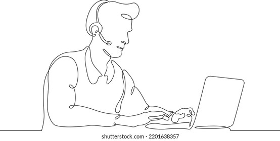 One continuous line.Call centre.Male call center operator. Handling calls and messages. Operator with phone and computer. Manager in headphones with microphone.One continuous line is drawn