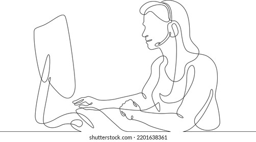 One continuous line.Call centre.Woman call center operator. Handling calls and messages. Operator with phone and computer. Manager in headphones with microphone.One continuous line is drawn