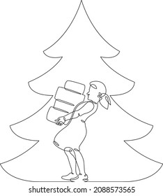 One continuous line.Child with a gift. Girl in a dress with a box.Christmas gifts. Festive Christmas tree silhouette. One continuous drawing line logo isolated minimal illustration.