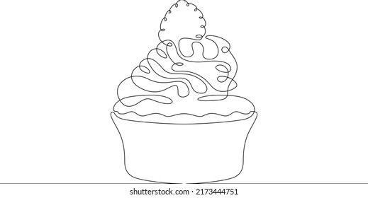 One continuous line.Confectionery. Pastry. A piece of cake . Sweet dessert. One continuous line is drawn on a white background.