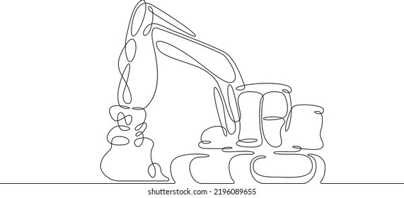 One continuous line.Construction equipment . Special machines. Construction machinery. Forklifts, cranes, excavators,bulldozers, concrete mixers. One continuous line is drawn on a white background.