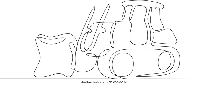 One continuous line.Construction equipment . Special machines. Construction machinery. Forklifts, excavators, tractors, bulldozers, concrete mixers. One continuous line is drawn on a white background.