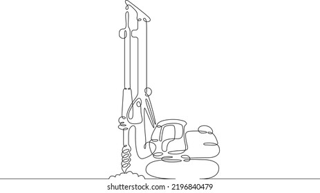 One continuous line.Construction equipment . Special machines. Construction machinery. Forklifts, excavators, tractors, bulldozers, Pile driver. One continuous line is drawn on a white background.