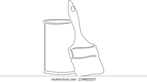 One continuous line.Construction and repair. A wide brush and a can of paint. Can of paint. Brush.One continuous line is drawn on a white background.