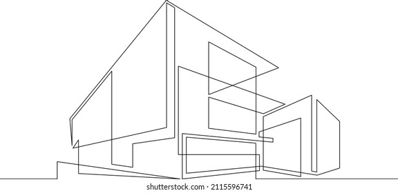 One continuous line.Continuous line drawing.Modern minimalist home. Residential city house. Architectural concept of the building.Line Art isolated white background.