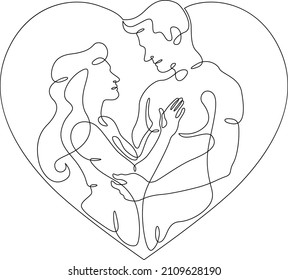 One continuous line.Couple of lovers hugging and kissing.Valentine's Day. Portrait of a young couple in a heart symbol of love.Continuous line drawing.Lineart isolated white background.