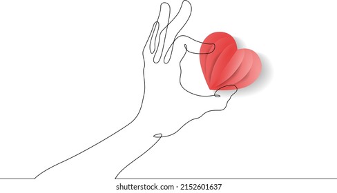 One Continuous Line.Craft Paper Cut Art Illustration.Hand Palm Holding Red Heart. Human Hands Gesture. Heart Cut Out Of Paper. Love And Happiness.Valentine's Day.Day Of Lovers.