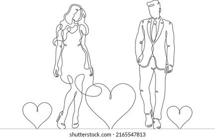 Una línea continua. Fecha de los amantes. Mujer con un vestido. Un hombre con traje. Encuentro de amantes. Símbolo del corazón de amor. Conocimiento aleatorio.Se dibuja una línea continua sobre un fondo blanco.