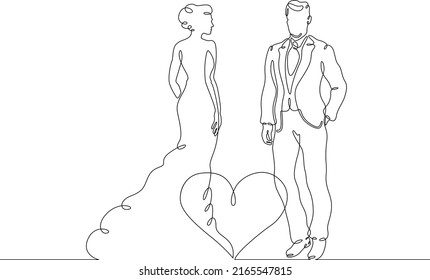 One continuous line.Date of lovers. Woman in a dress. A man in a suit. Meeting of lovers. Heart symbol of love. Random acquaintance.One continuous line is drawn on a white background.