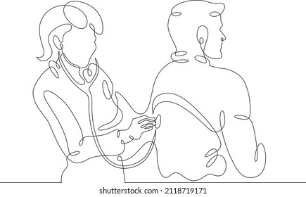 One continuous line.Doctor accepts the patient. The therapist checks the health of the patient. Doctor in the hospital. Continuous line drawing.Line Art isolated white background.