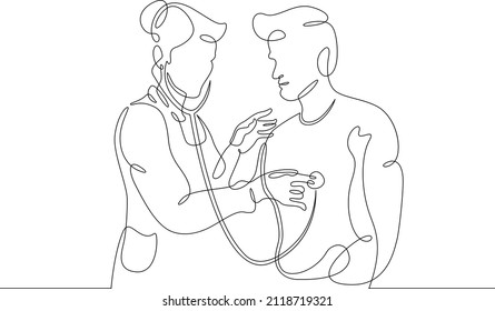 One continuous line.Doctor accepts the patient. The therapist checks the health of the patient. Doctor in the hospital. Continuous line drawing.Line Art isolated white background.