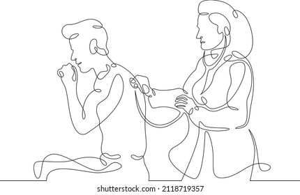 Una línea continua.El médico acepta al paciente. El terapeuta revisa la salud del paciente. Doctor en el hospital. Dibujo continuo de líneas.Fondo blanco aislado de líneas de arte.