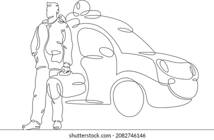 One continuous line.Doctor on urgent call. An orderly with a stretcher and medicines. Ambulance. Resuscitation doctor. Medicine and healthcare.One continuous drawing line logo isolated illustration.