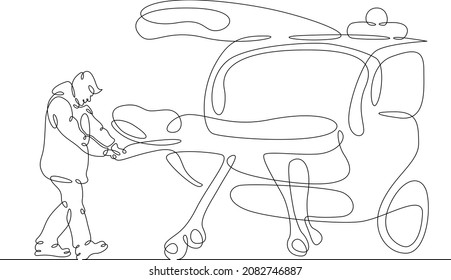 One continuous line.Doctor on urgent call. An orderly with a stretcher and medicines. Ambulance. Resuscitation doctor. Medicine and healthcare.One continuous drawing line logo isolated illustration.