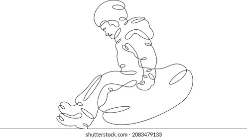 One continuous line.Doctor on urgent call. The child is rolling down a snow slide. Riding on a tubing. Winter fun. Games for children. One continuous drawing line logo isolated minimal illustration.