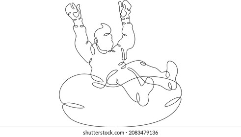 One continuous line.Doctor on urgent call. The child is rolling down a snow slide. Riding on a tubing. Winter fun. Games for children. One continuous drawing line logo isolated minimal illustration.