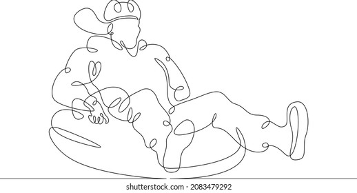 One continuous line.Doctor on urgent call. The child is rolling down a snow slide. Riding on a tubing. Winter fun. Games for children. One continuous drawing line logo isolated minimal illustration.